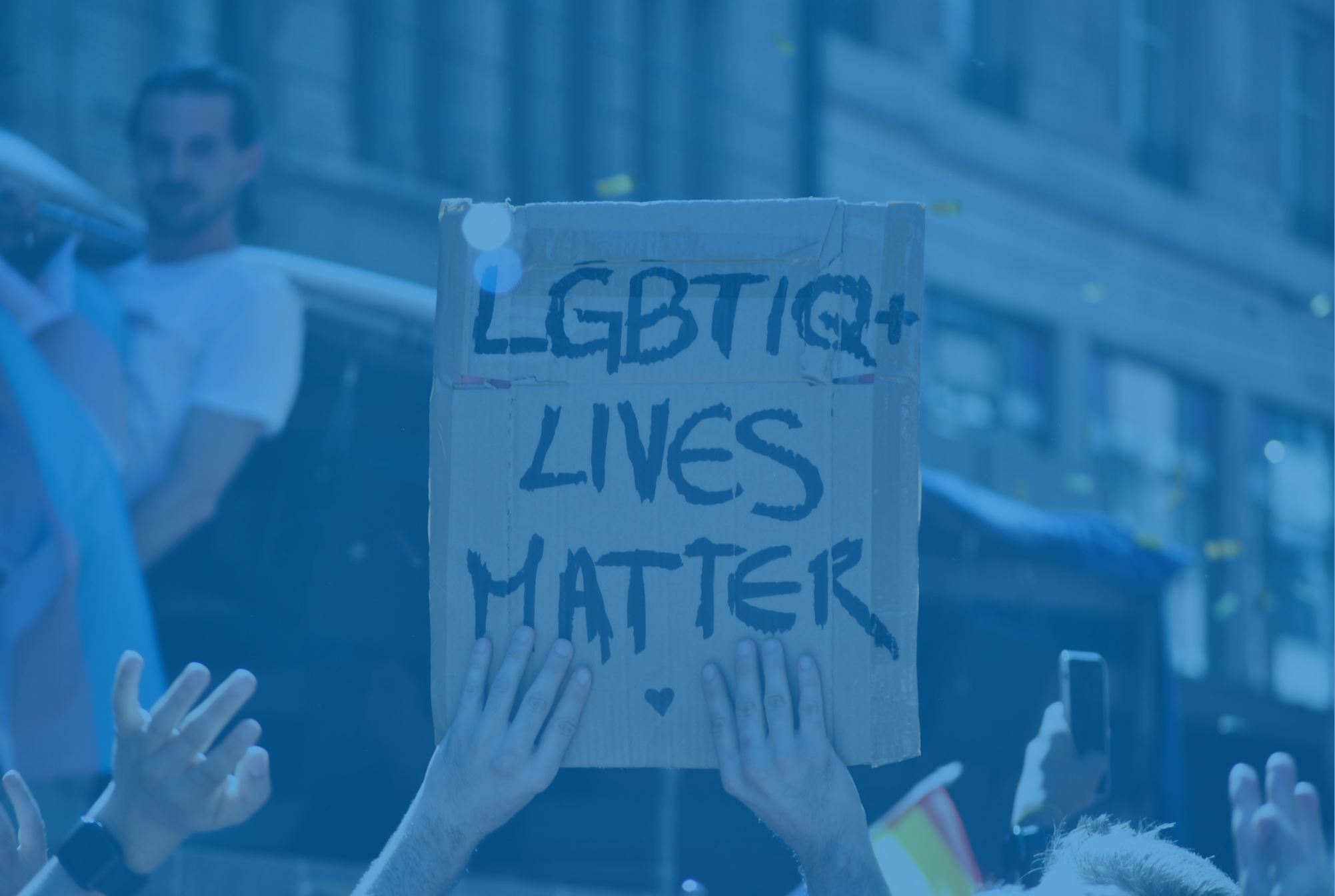 A imagem destaca uma placa, segurada por uma pessoa no meio de uma manifetação. Na placa, está escrito "LGBTIQ+ lives matter", que significa "Vidas LGBTIQ+ importam"