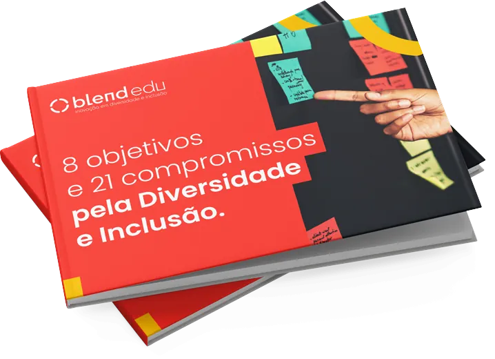 Na imagem, 2 livros impressos com capa vermelha com o logo da Blend Edu e o texto "8 objetivos e 21 compromissos pela diversidade e inclusão".