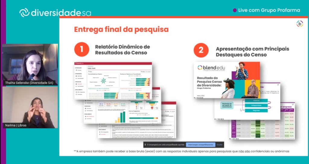 Print da mentoria coletiva feita pela Blend Edu, com participação de Thalita Gelenske e Nailma (intérprete Libras), mostrando exemplos da entrega final da pesquisa